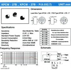 Elektretinis mikrofonas KPCM-27B 2.0VDC 60dB Ø6x2.7mm