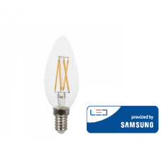 LED Lemputė 4W V-TAC E14 žvakės formos skaidriu stiklu (3000K) šiltai balta SAMSUNG LED