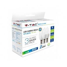 LED Lemputės 5.5W V-TAC E14 Žvakės fomos (4000K) natūraliai balta 3 vnt.