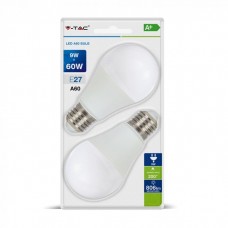 LED lemputės 9W V-TAC E27 A60 termoplastikas (2700K) šiltai balta 2 vnt.